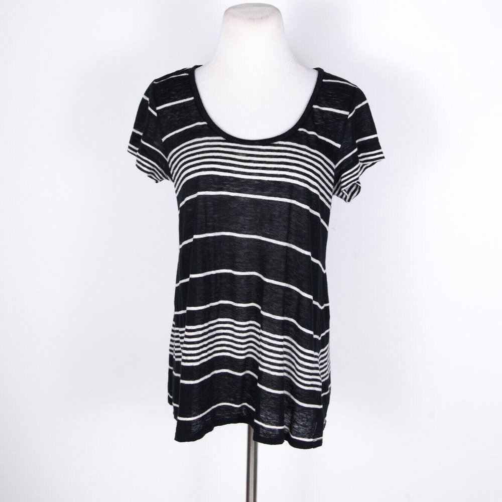 Joie 100% Linen Black/White Striped Short Sleeve Aline Scoop Neck Tee Shirt XS